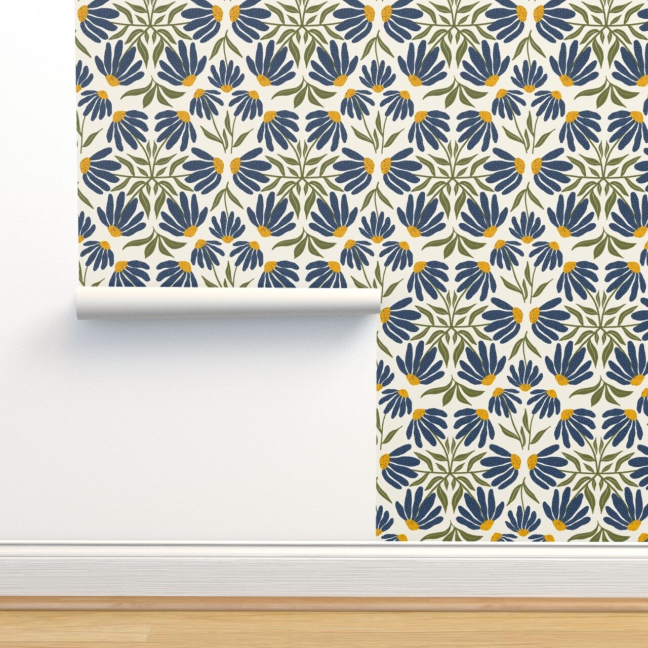 Echinacea Botanical Tile Wildflower Blue Yellow Gold Coneflowers Native Species Custom Removable Wallpaper by Spoonflower Peel & Stick Wallpaper 2FT Wide